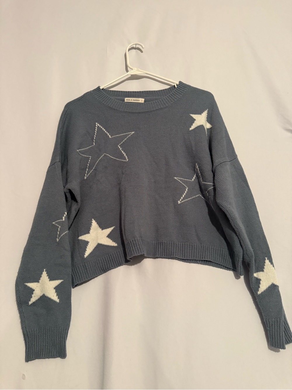 Moon & Madison Star Sweater Womens L Blue Cream Cropped Oversized Celestial Y2K